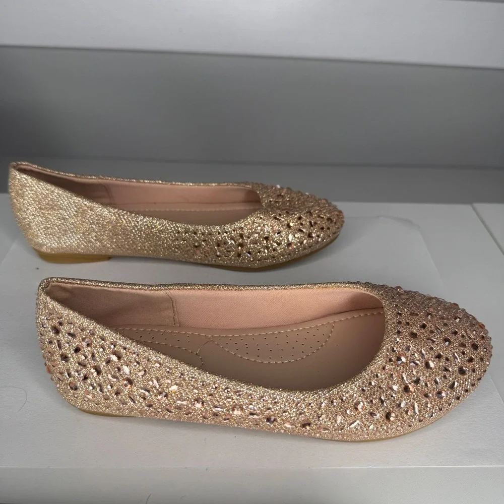 Link Ballet Flats Kids Size 3 Rose Gold Glitter Rhinestone‎ Dress Shoes 2581